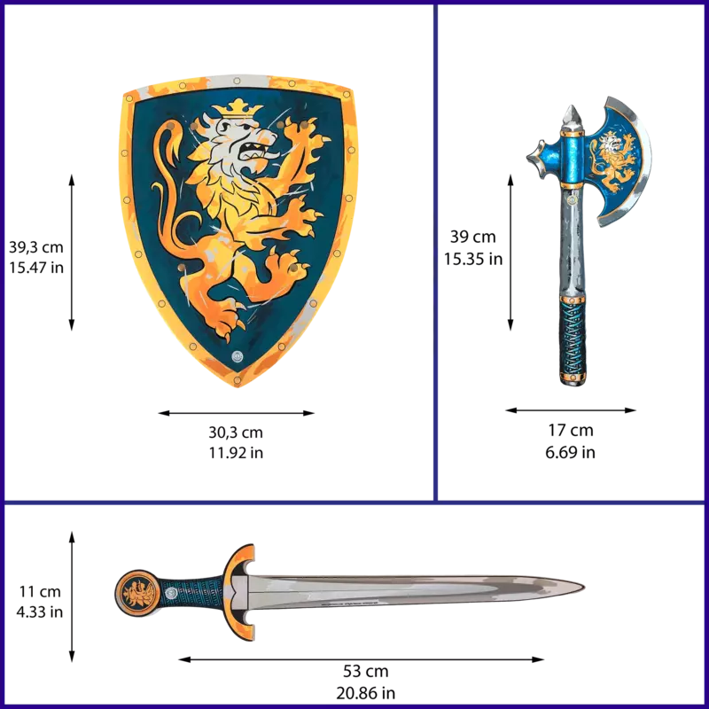 a Liontouch Noble Set Sword, Shield & Axe with a shield and a shield.