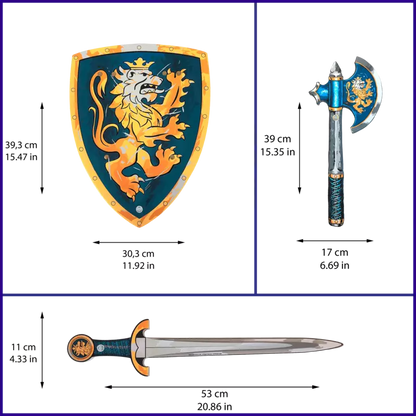 a Liontouch Noble Set Sword, Shield & Axe with a shield and a shield.