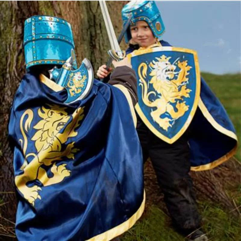 Two children dressed as knights holding toy swords and Liontouch Noble Knight Shields made of EVA foam.