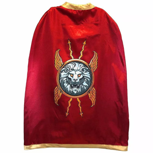 a red Liontouch Roman Cape with an image of a lion on it.