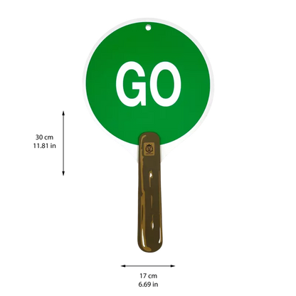 a green Liontouch Stop & Go Sign with the word go on it.