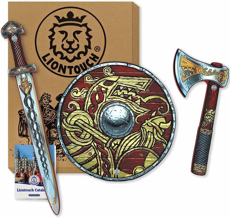 a box with a Liontouch Viking Set Sword, Shield & Axe.