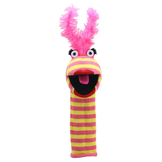 The Puppet Company Sockette Puppet Lipstick is a striped hand puppet with pink and yellow hues, googly eyes, long pink frizzy antennae, an open mouth with a cheerful pink tongue, and a playful squeaker inside.