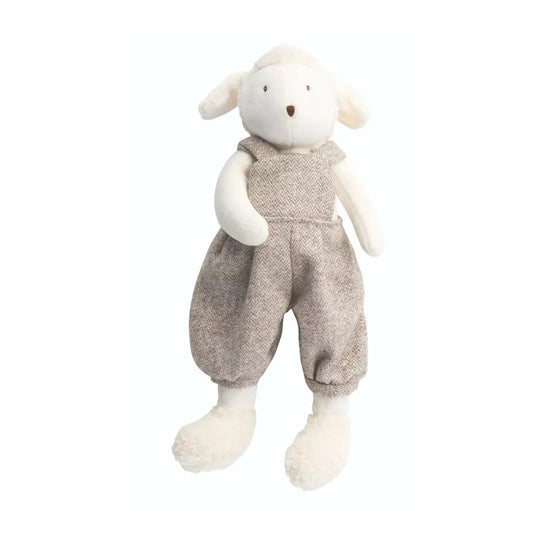 Moulin Roty Little Albert the Sheep wearing a sweater and pants.