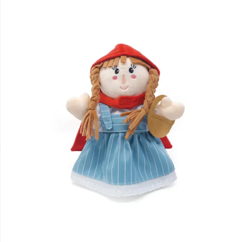 The Hand Puppet Little Red Riding Hood features a red hooded cape, blue striped dress, basket, braided hair, rosy cheeks, and a friendly smile—perfect for imaginative play and storytelling.