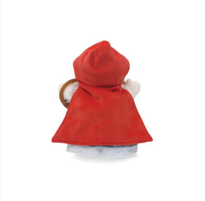 Hand Puppet Little Red Riding Hood: Plush puppet in a red hooded cape, shown from the back with a basket. Ideal for imaginative play and storytelling, featured against a plain white background.