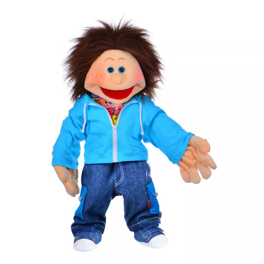 a Living Puppets Bendix 65cm Hand Puppet with a blue jacket and jeans.