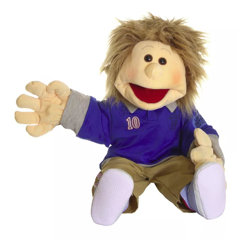 Living Puppets Erik 65cm Hand Puppet with a blue shirt and brown pants.
