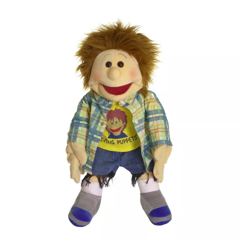 Living Puppets Fabian 65cm Hand Puppet with a shirt and jeans on.