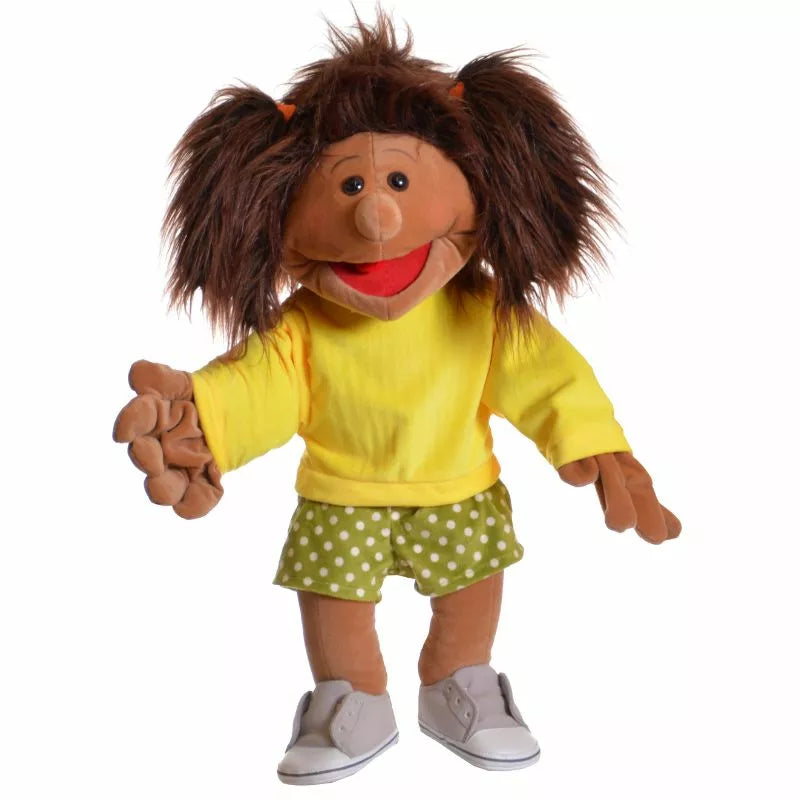 A Living Puppets Lorie 65cm hand puppet wearing a yellow shirt and green shorts.