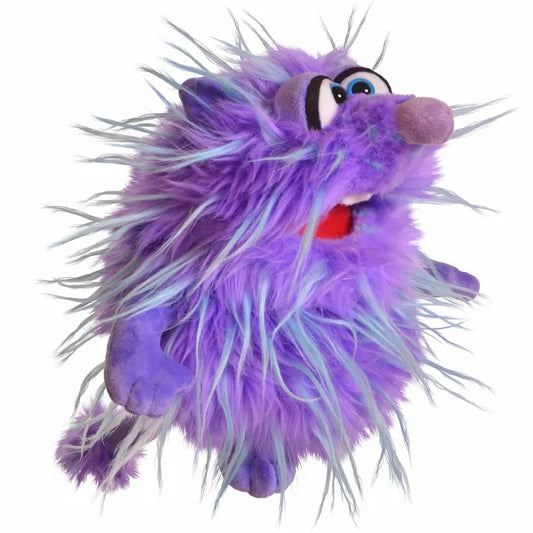 A colorful and fluffy Living Puppets Monster Hand Puppet Babbel with large eyes and a whimsical expression.
