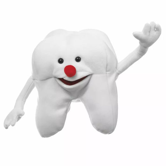 a Living Puppets Back Tooth Hand Puppet with a red nose and mouth.