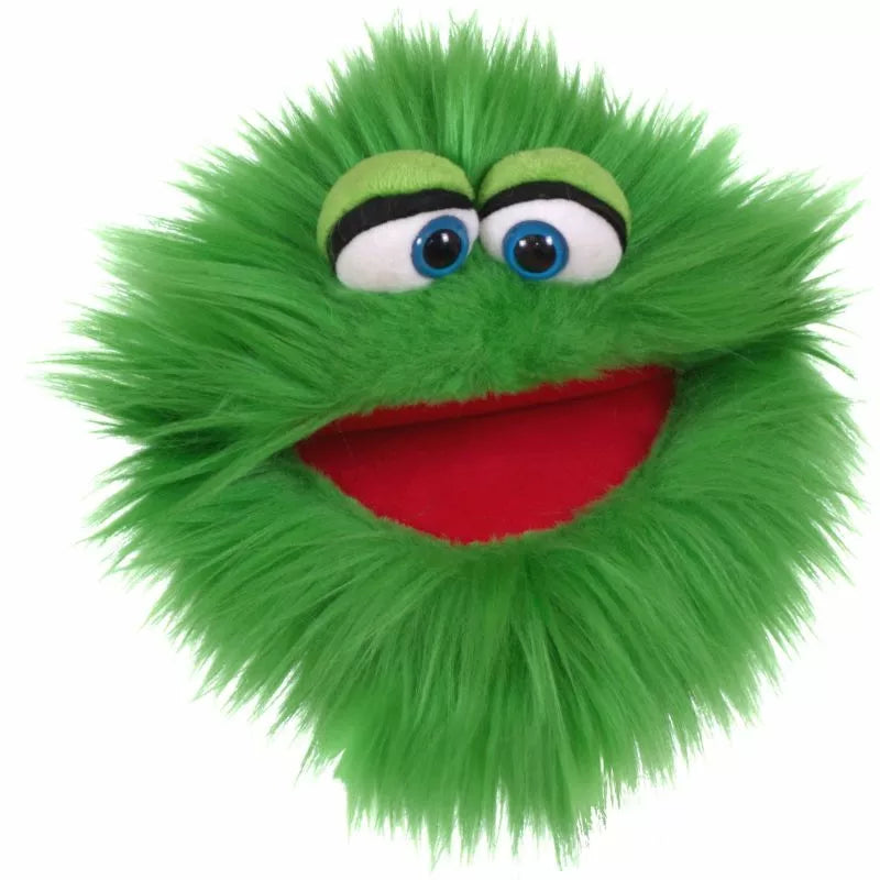 A Living Puppets Blappermouth Hand Puppet with a bright green, fuzzy exterior featuring large eyes and a wide red smiling mouth.