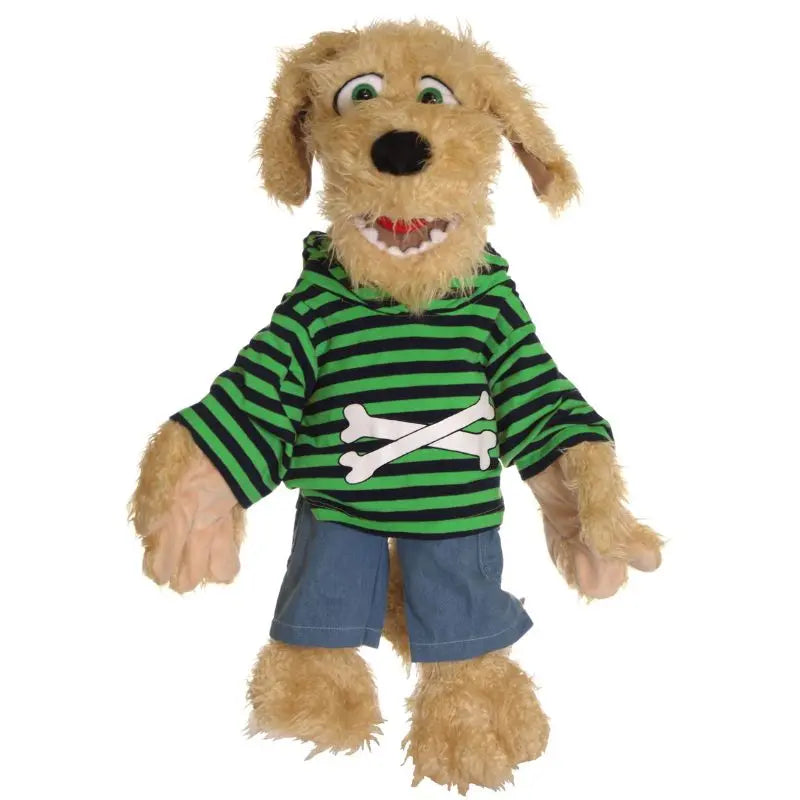 Bosse the large Dog Hand Puppet – 65cm is a tan, plush dog puppet in a green and black striped hoodie with white crossed bones and blue shorts, upright with an open mouth and floppy ears—great for interactive storytelling.