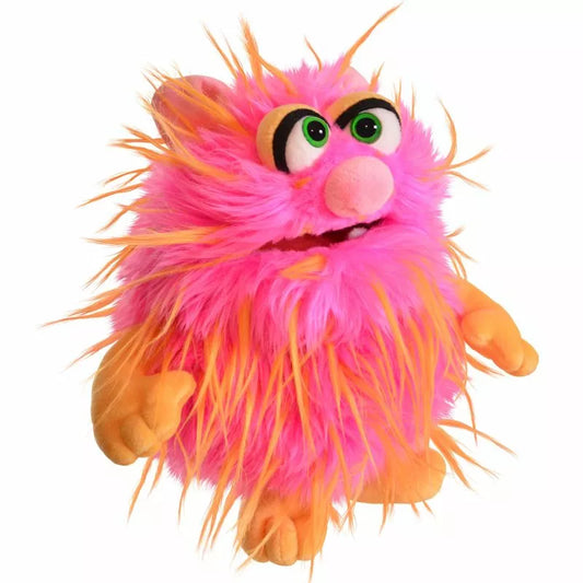 A colorful Living Puppets Monster Hand Puppet Daddel with bright pink fur, green eyes, and a whimsical expression.