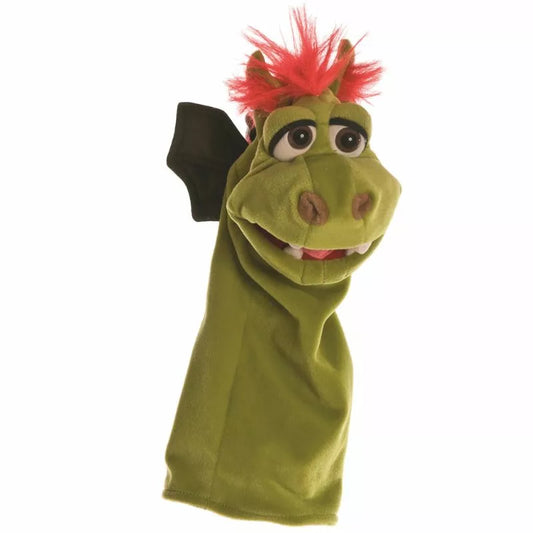 A Living Puppets Gregor the Dragon hand puppet with red hair and a whimsical expression, isolated on a white background.