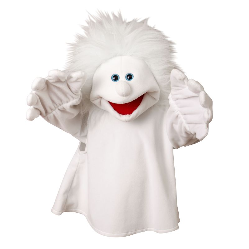 A close up of a person wearing a Living Puppets Ghost 65cm Hand Puppet costume.