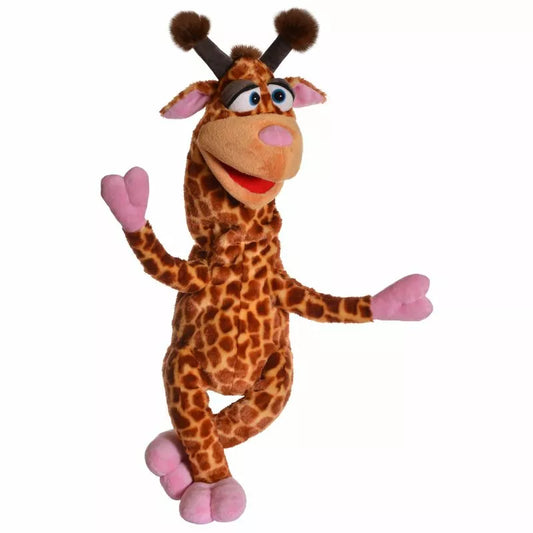 A Living Puppets Eberhardt hand puppet with a friendly expression, sporting a pair of horns, blue eyes, and pink foot pads against a white background is transformed into a hand puppet.