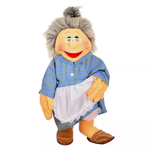 a large Living Puppets Grandma 65cm Hand Puppet dressed in a blue dress.