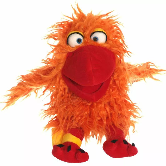 A Living Puppets Happy Hand Puppet with orange fur and yellow feet, perfect for storytelling.
