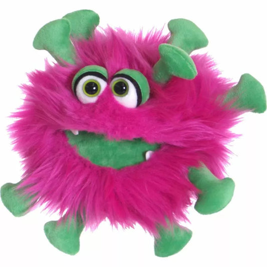 A pink and green Living Puppets Kai Hand Puppet with green eyes named Kai.
