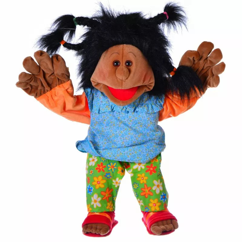 a Living Puppets Maggy 65cm Hand Puppet with a blue shirt and green pants.