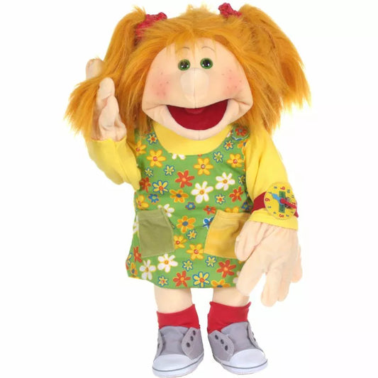 A Living Puppets Marleen 65cm Hand Puppet with red hair wearing a green dress.