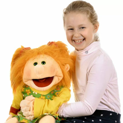 A little girl sitting next to a large Living Puppets Marleen 65cm Hand Puppet.