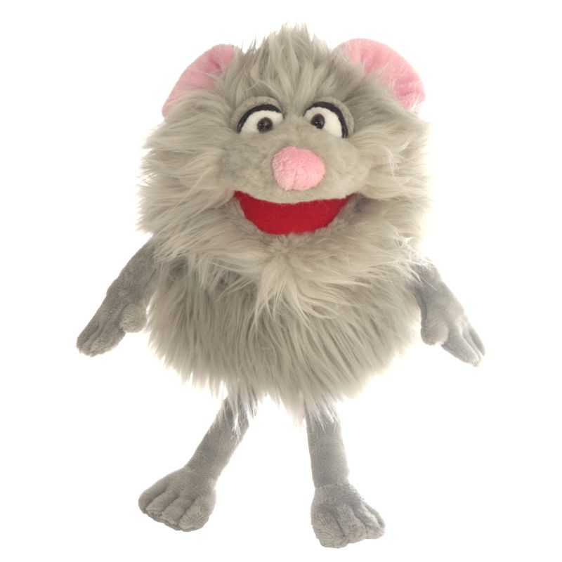 a gray Living Puppets Tuddel Hand Puppet with a red tongue.