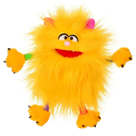 The Living Puppets Schickimicki Hand Puppet is a fluffy yellow plush monster with a big red mouth, pointed ears, round eyes, and colorful patches on its arms and legs, perfect for imaginative play. It stands with arms outstretched against a white background.