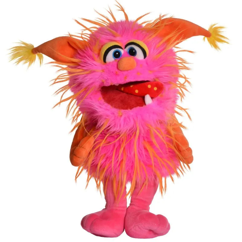 A pink fuzzy Living Puppets Schmack Hand Puppet with large blue eyes, an orange nose adorned with yellow spots, and vibrant orange and yellow hair. This monster hand puppet features orange hands, a wide-open mouth with a single white tooth sticking out, and stands on pink feet—perfect for creative play!