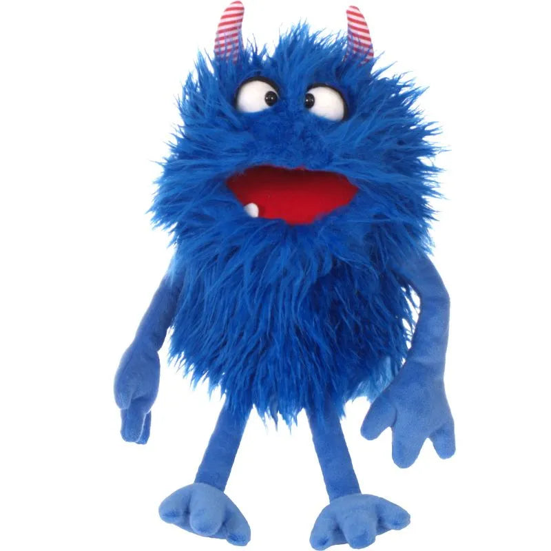 A Living Puppets Schmackes Hand Puppet with red-and-white striped horns, big round eyes, and a wide open mouth with a red interior. Perfect for creative play, the hand puppet has long arms, large hands, and feet that match its body’s shade of blue. The monster looks surprised or excited.