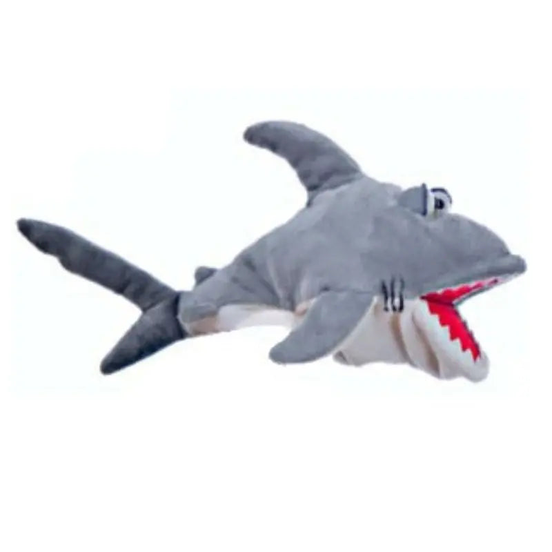 Fischmäk the Shark Hand Puppet is a soft, cuddly plush toy shaped like a gray shark with a white underside, red mouth, white felt teeth, embroidered eyes, fins, and tail—perfect for playful storytelling.