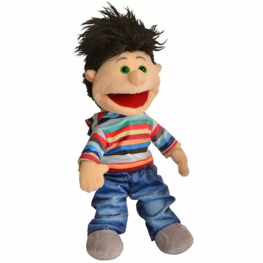 A Living Puppets Toffi Hand Puppet with wild black hair, green eyes, and wearing a striped shirt paired with blue pants.