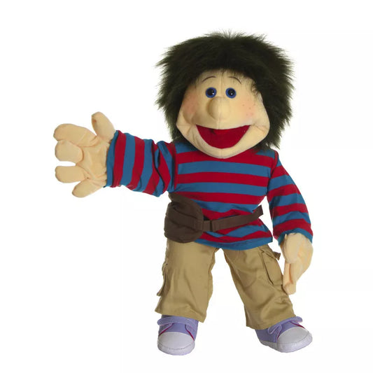 Living Puppets Chrischi 65cm Hand Puppet with a striped shirt and brown pants.
