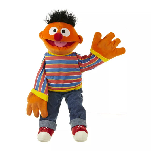 a Living Puppets Ernie 65cm Hand Puppet that is wearing a striped shirt.