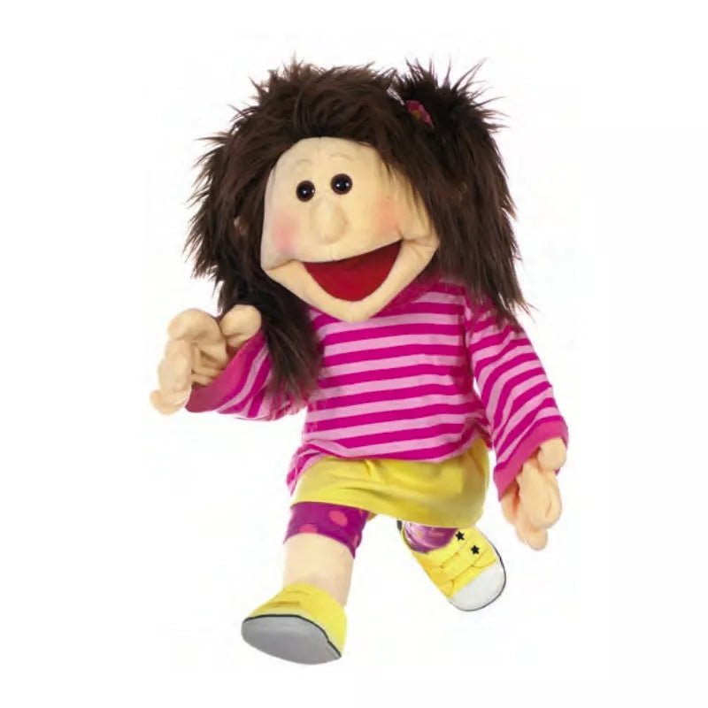 A Living Puppets Finja 65cm Hand Puppet with a pink and white striped shirt and yellow pants.