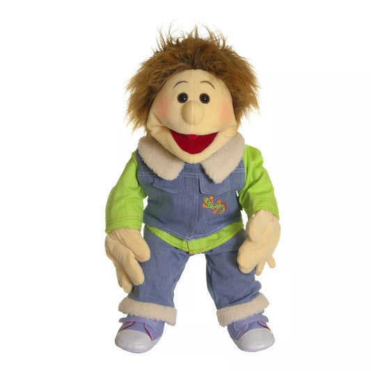 a Living Puppets Gerrit 65cm Hand Puppet with a green shirt and blue overalls.