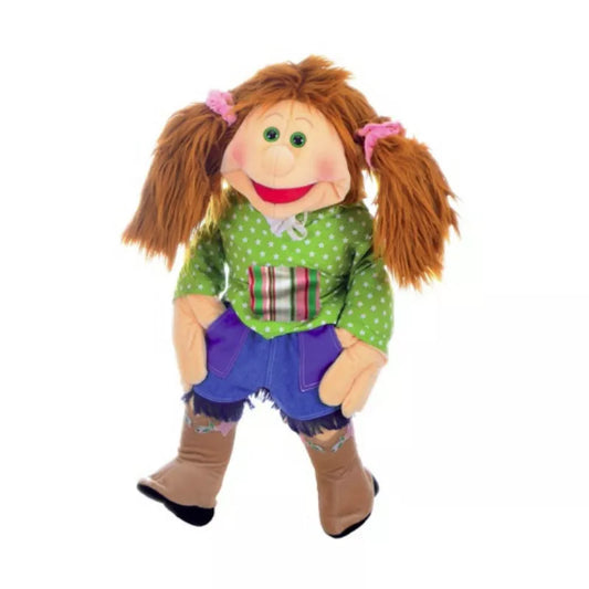 A Living Puppets Konstantine 65cm Hand Puppet with a green shirt and purple pants.