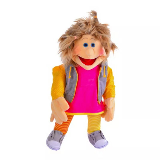 A Living Puppets Lana 65cm Hand Puppet that is wearing a pink shirt and yellow jacket.