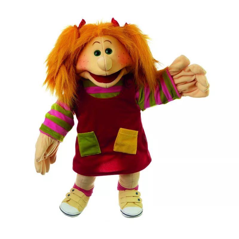 a Living Puppets Lilabell 65cm Hand Puppet dressed in a red dress.