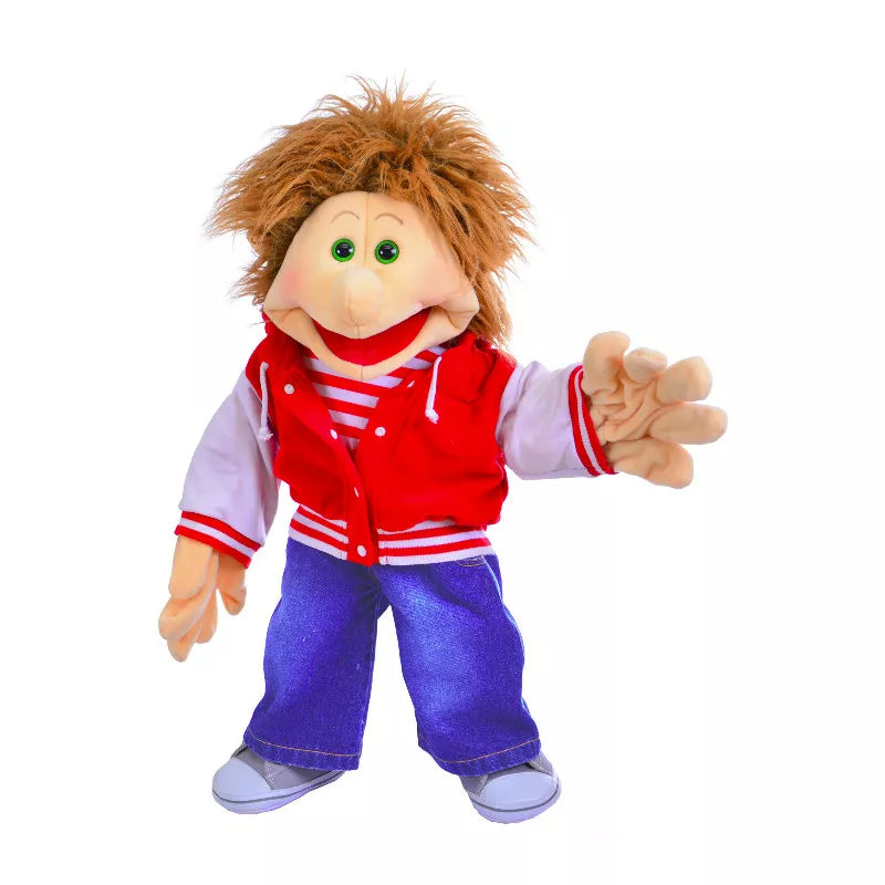 A Living Puppets Stuard 65cm Hand Puppet with a red vest and blue pants.