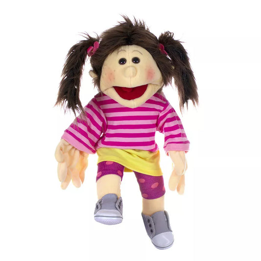 A Living Puppets Finja Hand Puppet 45cm with a pink and white striped shirt.