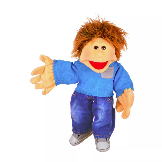A Living Puppets Jo Hand Puppet 45cm with a blue shirt and jeans.