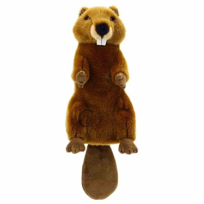 A Long Sleeved Hand Puppet with the head of a Beaver. Made of soft and furry material, with a realistic looking face and is mouth moving.