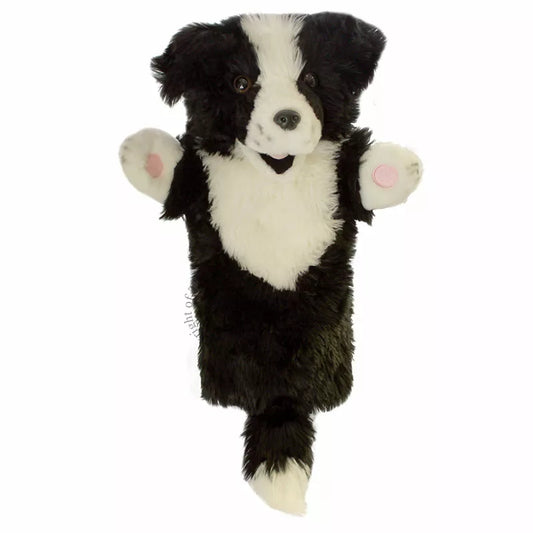 A Long Sleeved Hand Puppet with the head of a Border Collie. Made of soft and furry material, with a realistic looking face and is mouth moving.