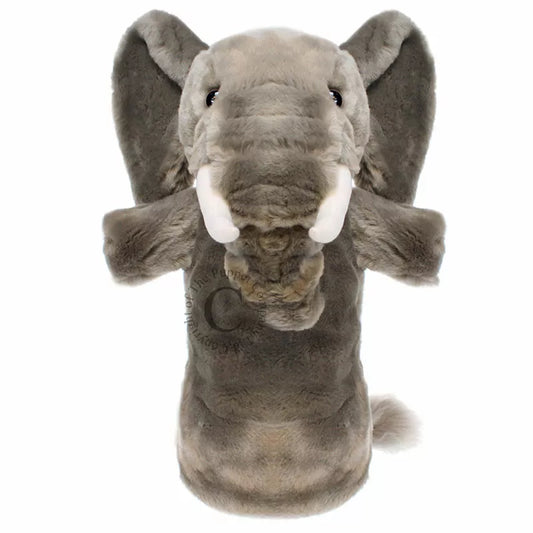 A Long Sleeved Hand Puppet with the head of a Elephant. Made of soft and furry material, with a realistic looking face and is mouth moving.