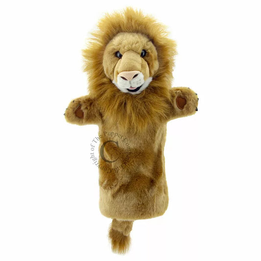 A Long Sleeved Hand Puppet with the head of a Lion. Made of soft and furry material, with a realistic looking face and is mouth moving.