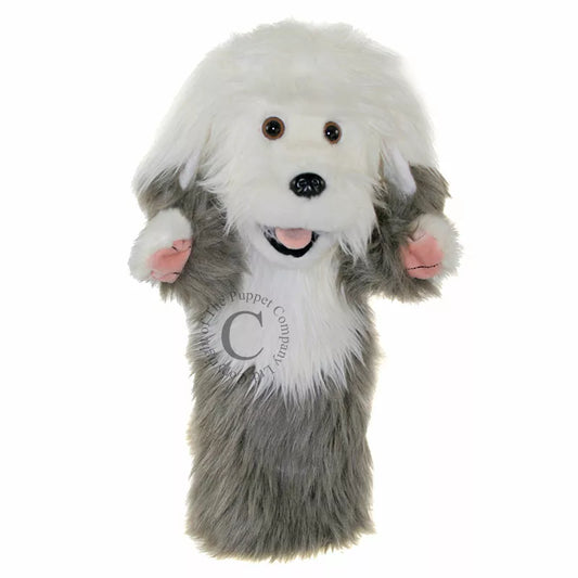 A Long Sleeved Hand Puppet with the head of a Sheepdog. Made of soft and furry material, with a realistic looking face and is mouth moving.