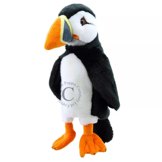 A Long Sleeved Hand Puppet with the head of a Puffin. Made of soft and furry material, with a realistic looking face and is mouth moving.